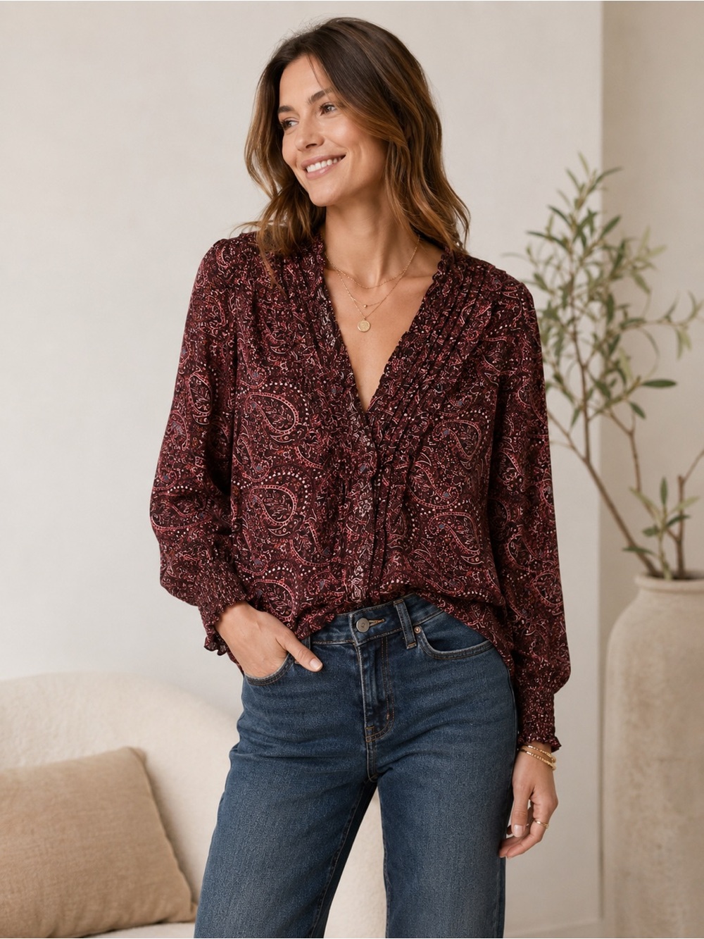 EVEREVE XS Paisley Ruffle Surplice Blouse | Boho Smocked Cuffs Burgundy